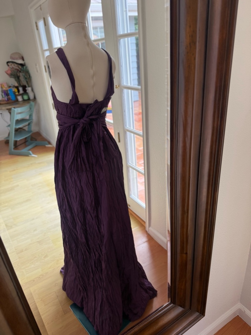 100% Silk Ruched Plum Maxi Dress with Lace Yoke - Picture 2 of 6